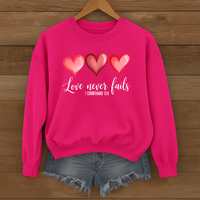 Load image into Gallery viewer, Love Never Fails Christian Sweatshirt, Faith Based Valentine Gift Crewneck, 3 Heart Design, Corinthians 13:8