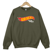 Load image into Gallery viewer, God Heals Your Past, Christian Sweatshirt, Bible Verse Shirt, Retro Flame Christian, Faith Inspired Shirt