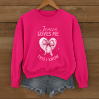 Load image into Gallery viewer, Jesus Loves Me This I Know, Christian Sweatshirt, Women's Faith, Coquette Pink Bow Shirt, Valentines Gift