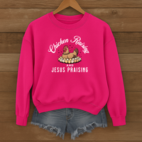 Load image into Gallery viewer, Chicken Raising and Jesus Praising Sweatshirt, Funny Christian Farm Pullover, Faith Based Country Humor Gift