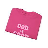 Load image into Gallery viewer, God Is Good Sweatshirt, Pink Retro Shirt, Christian Women&#39;s Faith, Crewneck Pullover
