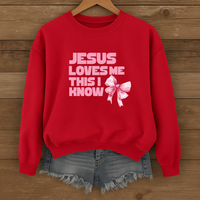 Load image into Gallery viewer, Jesus Loves Me This I Know, Christian Sweatshirt, Women's Faith, Coquette Pink Bow Shirt, Valentines Gift