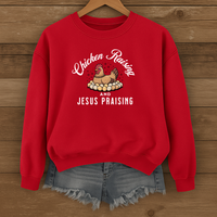 Load image into Gallery viewer, Chicken Raising and Jesus Praising Sweatshirt, Funny Christian Farm Pullover, Faith Based Country Humor Gift