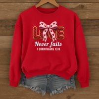 Load image into Gallery viewer, Love Never Fails Christian Sweatshirt, Faith Based Women's Valentine Gift, Yarn Bow Coquette Design, Corinthians 13:8