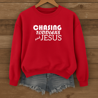 Load image into Gallery viewer, Chasing Toddlers and Jesus Sweatshirt, Funny Christian Shirt, Unisex Faith Pullover for Parents