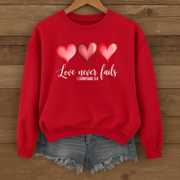 Load image into Gallery viewer, Love Never Fails Christian Sweatshirt, Faith Based Valentine Gift Crewneck, 3 Heart Design, Corinthians 13:8
