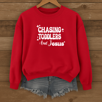 Load image into Gallery viewer, Chasing Toddlers and Jesus, Christian Sweatshirt, Funny Christian, Mom Life Faith Pullover, Gift for Parents