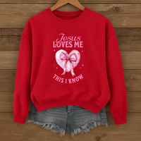 Load image into Gallery viewer, Jesus Loves Me This I Know, Christian Sweatshirt, Women's Faith, Coquette Pink Bow Shirt, Valentines Gift