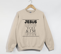 Load image into Gallery viewer, Jesus Loves You And I&#39;m Tryin - Christian Sweatshirt
