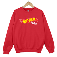 Load image into Gallery viewer, God Heals Your Past, Christian Sweatshirt, Bible Verse Shirt, Retro Flame Christian, Faith Inspired Shirt