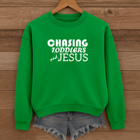 Load image into Gallery viewer, Chasing Toddlers and Jesus Sweatshirt, Funny Christian Shirt, Unisex Faith Pullover for Parents