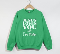 Load image into Gallery viewer, Jesus Loves You And I&#39;m Tryin - Christian Sweatshirt
