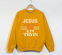 Load image into Gallery viewer, Jesus Loves You And I&#39;m Tryin - Christian Sweatshirt
