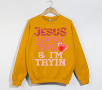 Load image into Gallery viewer, Jesus Loves You And I&#39;m Tryin - Christian Sweatshirt
