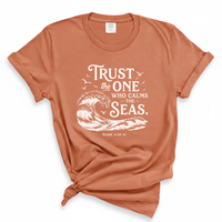 Load image into Gallery viewer, Trust The One Who Calms The Seas - Mark 4:35-41 Scripture Comfort Colors Tee