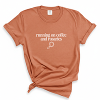 Load image into Gallery viewer, Running on Coffee and Rosaries - Catholic Shirt, Coffee Lover Tee