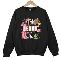 Load image into Gallery viewer, She Loves Jesus I Can Tell Shirt - Christian Western Top, Country Jesus Sweatshirt