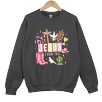 Load image into Gallery viewer, She Loves Jesus I Can Tell Shirt - Christian Western Top, Country Jesus Sweatshirt