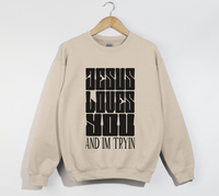 Load image into Gallery viewer, Jesus Loves You And I&#39;m Tryin - Christian Sweatshirt
