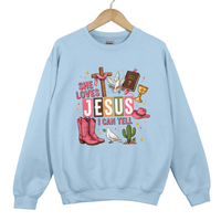 Load image into Gallery viewer, She Loves Jesus I Can Tell Shirt - Christian Western Top, Country Jesus Sweatshirt