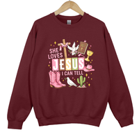 Load image into Gallery viewer, She Loves Jesus I Can Tell Shirt - Christian Western Top, Country Jesus Sweatshirt