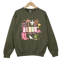 Load image into Gallery viewer, She Loves Jesus I Can Tell Shirt - Christian Western Top, Country Jesus Sweatshirt