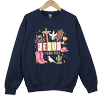 Load image into Gallery viewer, She Loves Jesus I Can Tell Shirt - Christian Western Top, Country Jesus Sweatshirt