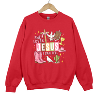 Load image into Gallery viewer, She Loves Jesus I Can Tell Shirt - Christian Western Top, Country Jesus Sweatshirt