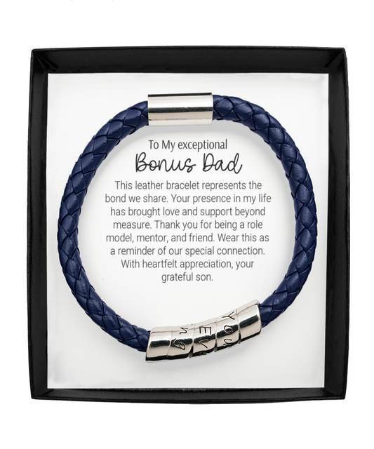 Mens Blue Bracelet, sentimental gift, family gifts, world's best bonus dad, birthday present, bonus dad gift ideas, male jewelry, from son