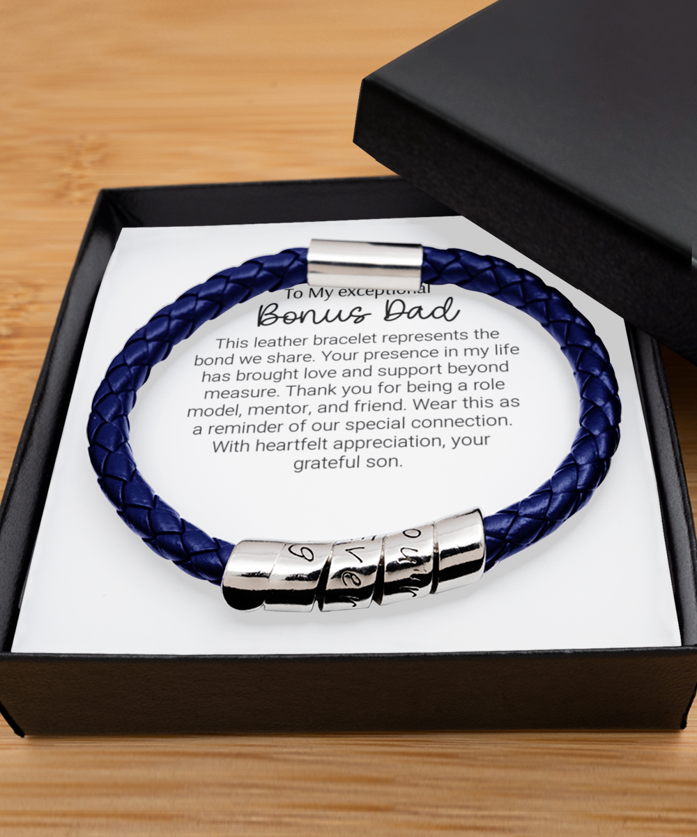 Mens Blue Bracelet, sentimental gift, family gifts, world's best bonus dad, birthday present, bonus dad gift ideas, male jewelry, from son